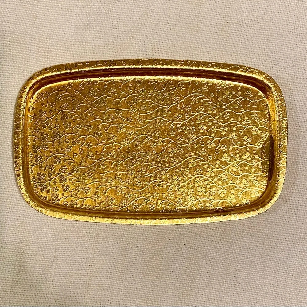 Vintage Gold Metal Rectangular Mini Tray with delicate leaf pattern.